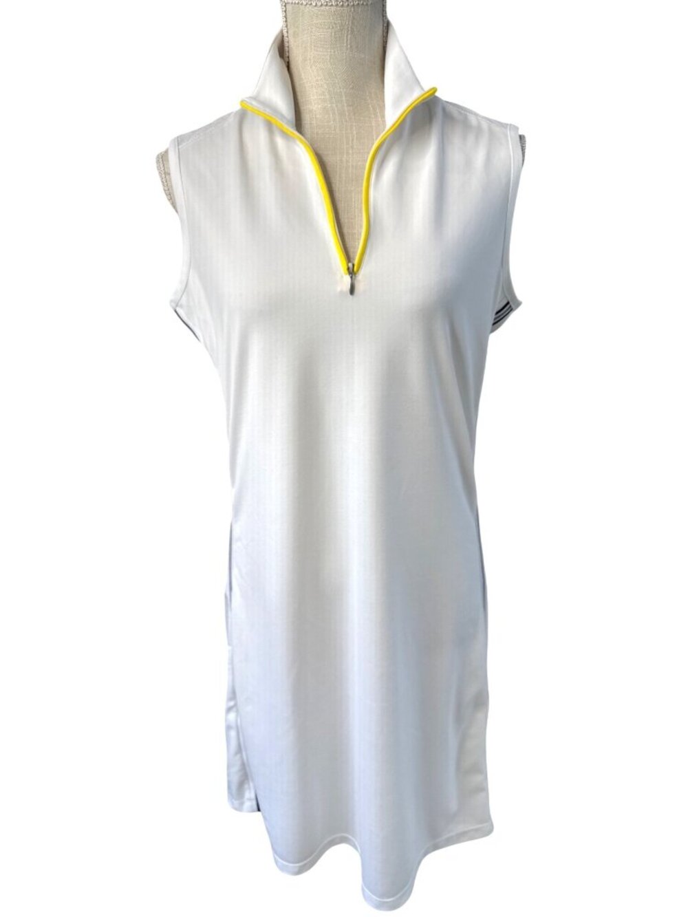 Bermuda Sands Sleeveless White Golf Dress W/Yellow Zipper & Side Stripes M